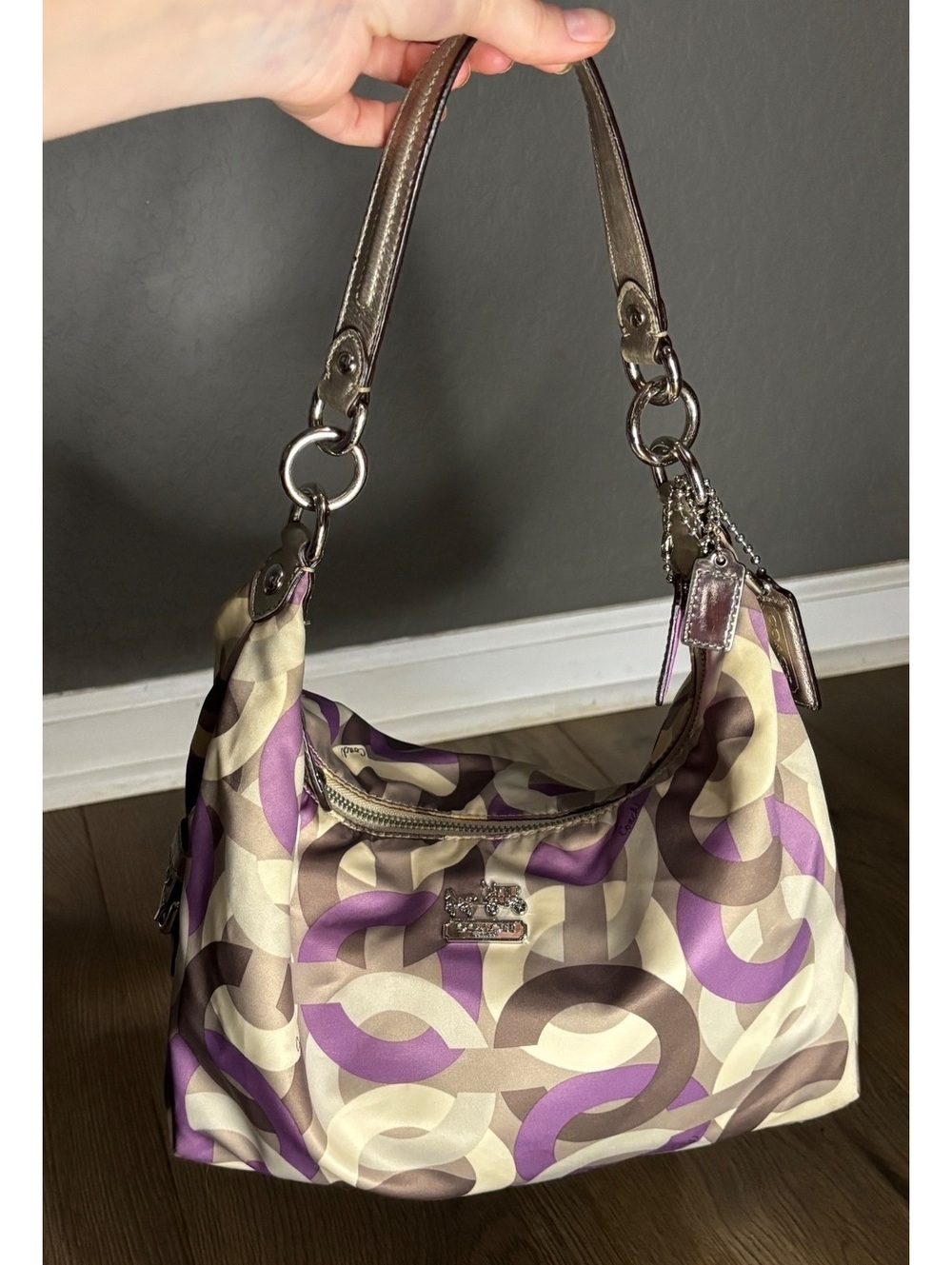 Coach Signature Pattern Hobo Shoulder Bag with Metallic Handles